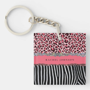 Porte-clefs Rose Chaud Unique Paillettes Imprimé Léopard Luxe