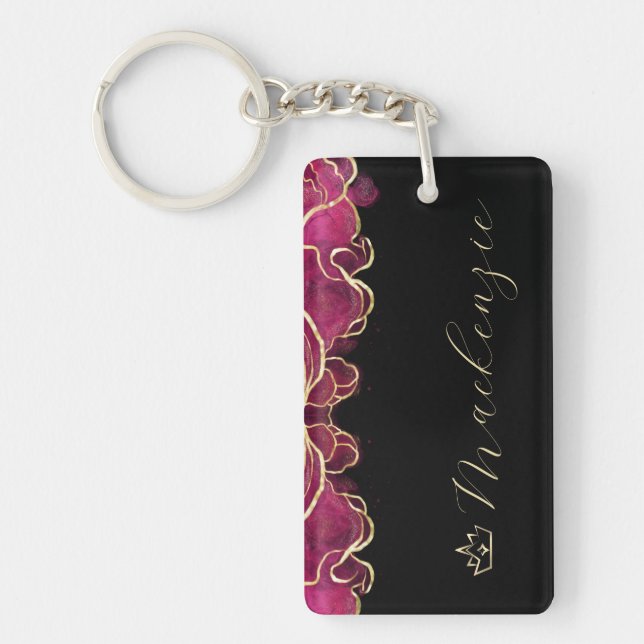 Porte-clefs Rose Chaude et Or Élégant Script Personnalisé (Devant)