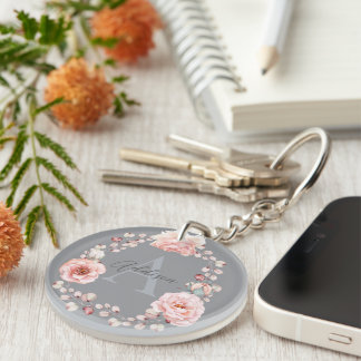 Porte-clefs Rose d'aquarelle Wreath personnalisée | Gray