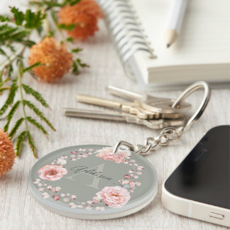 Porte-clefs Rose d'aquarelle Wreath personnalisée | Vert sage