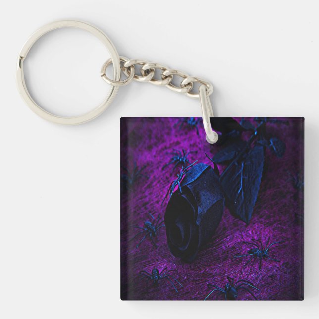 Porte-clefs Rose éffrayant en matière noire, araignées noires (Devant)
