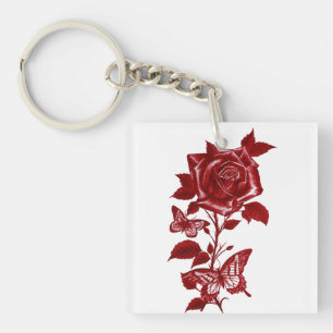 Porte-clefs Rose et Papillons à l'Encre Rouge Romantique Graph