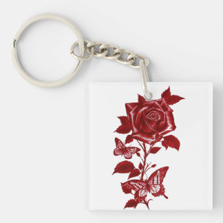 Porte-clefs Rose et Papillons à l'Encre Rouge Romantique Graph