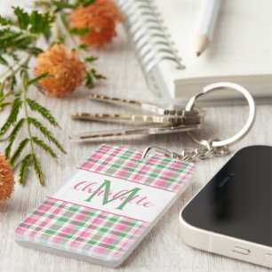 Porte-clefs Rose et Vert à Carreaux Monogramme Élégant