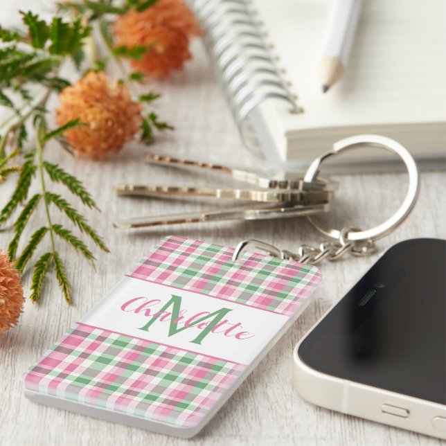 Porte-clefs Rose et Vert à Carreaux Monogramme Élégant (Devant droit)