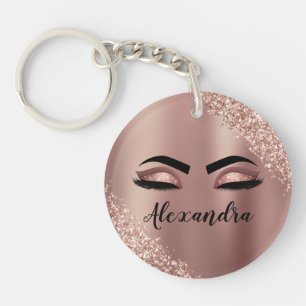 Porte-clefs Rose Gold Blush Pink Monogram Glitter Eyelashes