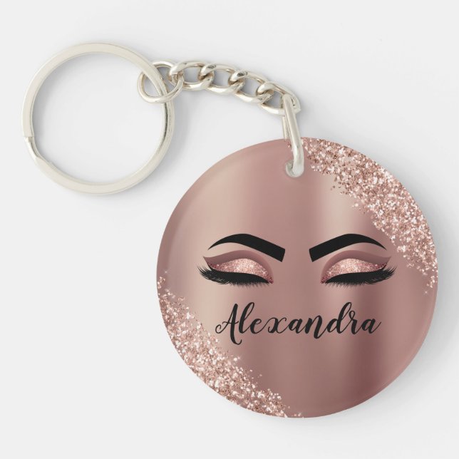 Porte-clefs Rose Gold Blush Pink Monogram Glitter Eyelashes (Devant)