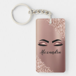 Porte-clefs Rose Gold Blush Pink Monogram Glitter Eyelashes