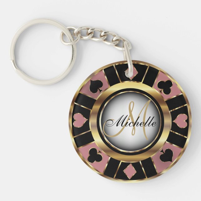 Porte-clefs Rose Gold et Black Poker Chip Design - Monogramme (Devant)