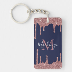 Porte-clefs Rose Gold Glitter Monogram Photo Bleu Marine
