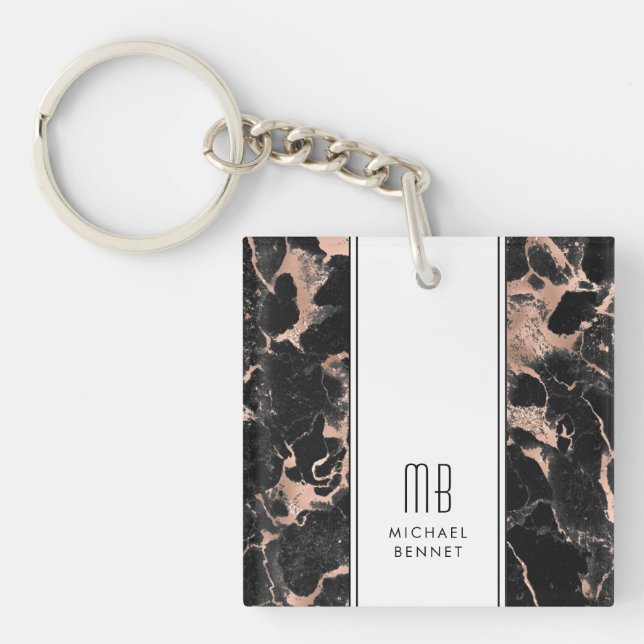 Porte-clefs Rose Gold Monogramme élégant Marbre Noir  (Devant)