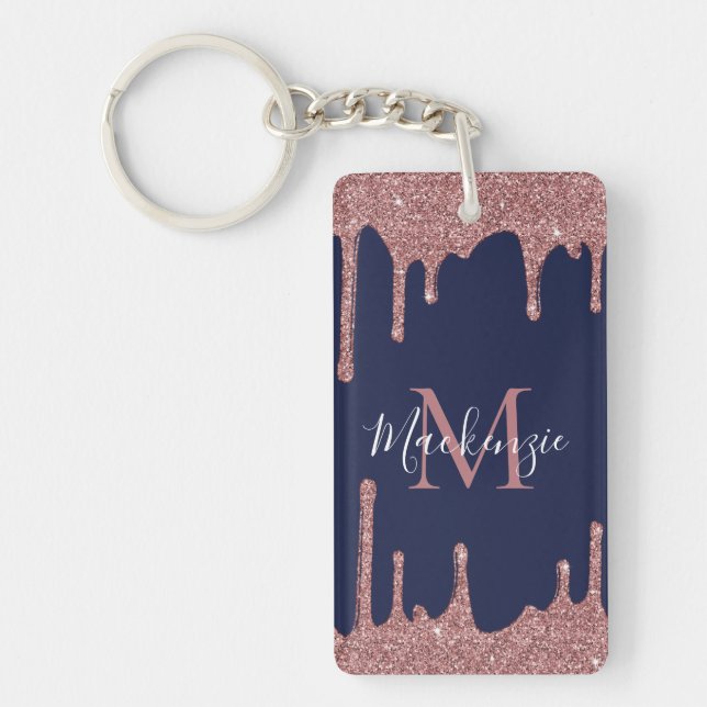 Porte-clefs Rose Gold Pailletés Bleu Marine Gouttes Monogramme (Devant)