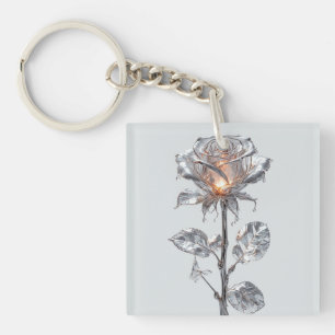 Porte-clefs Rose métallique argent lumineuse