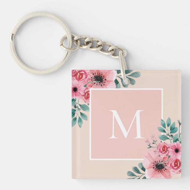 Porte-clefs Rose pâle | Monogramme photo florale (Devant)