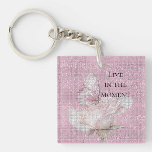 Porte-clefs Rose papillon rose poudré scintillant