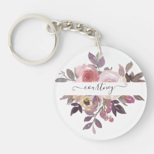 Porte-clefs Rose pastel et floral personnalisé violet