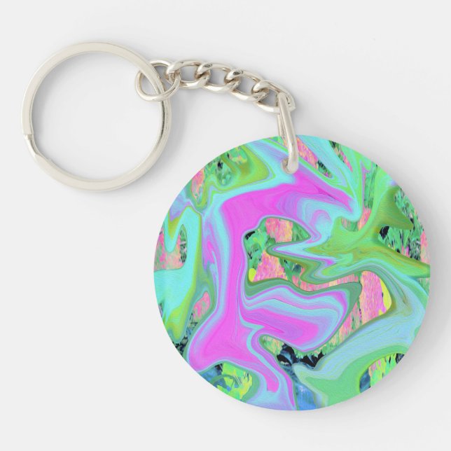 Porte-clefs Rose Rétro et Art Liquide Bleu Clair sur Hydrangea (Devant)