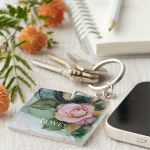 Porte-clefs Rose romantique blanche rose or floral amour