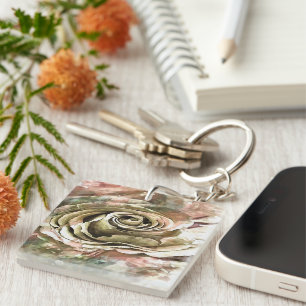 Porte-clefs Rose romantique corail et gris