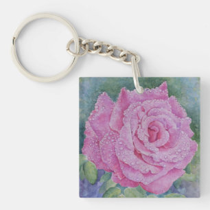 Porte-clefs Rose rose avec gouttes de pluie