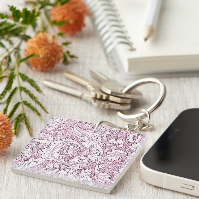 Porte-clefs Rose rose baroque feuillage orné  (Devant Droit)