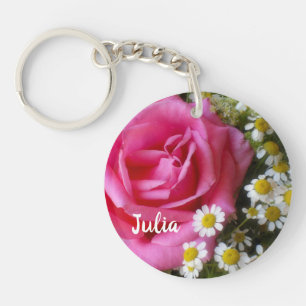 Porte-clefs Rose rose chaud et marguerites blanches Photo