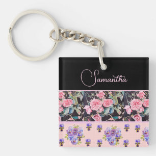 Porte-clefs Rose rose pink aquarelle vintage personnalisable