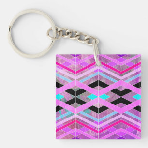 Porte-clefs Rose violet et aqua géométrique croisillon rayures