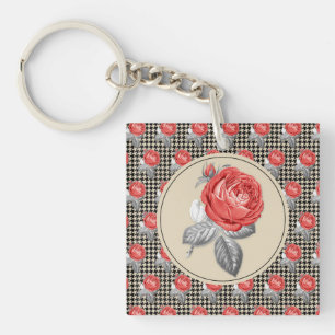 Porte-clefs Roses roses anciennes et motif pied de poule