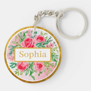 Porte-clefs Roses roses de style aquarelle, feuilles vertes et