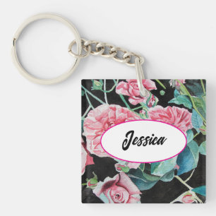 Porte-clefs Roses roses Fleur Aquarelle Roses Clé noire anneau