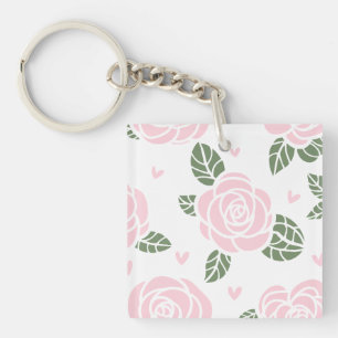 Porte-clefs Roses roses Motif avec Feuilles verts et Coeurs