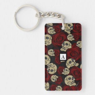 Porte-clefs Roses Rouges & Crânes Floral Gothique Gris Noir