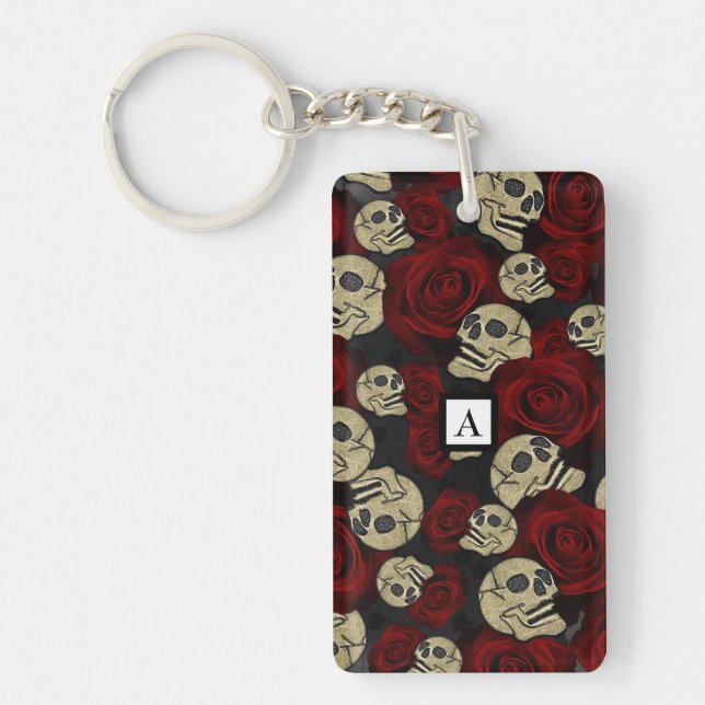 Porte-clefs Roses Rouges & Crânes Floral Gothique Gris Noir (Devant)