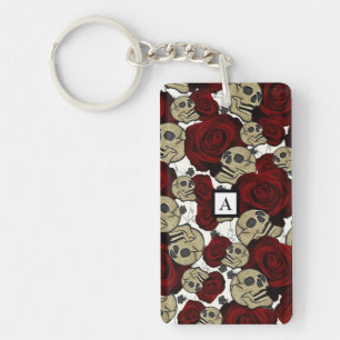 Porte-clefs Roses Rouges & Crânes Floral Gris Noir Gothique Bl