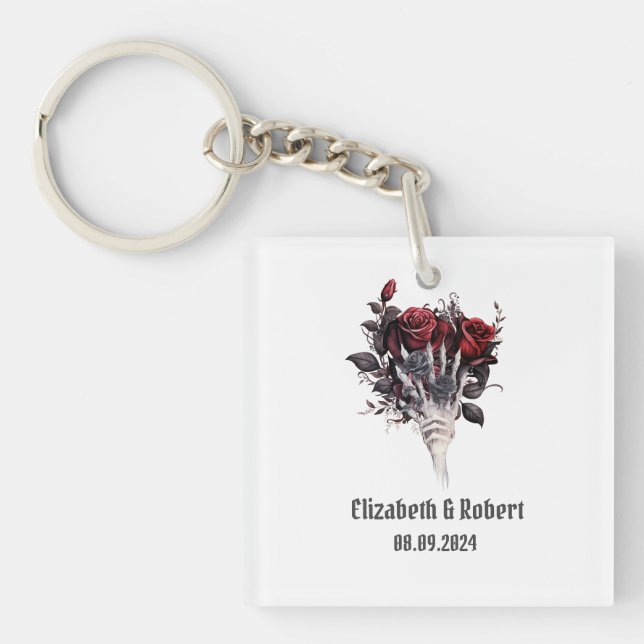 Porte-clefs Roses rouges gothiques Squelette Mariage (Devant)