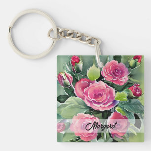 Porte-clefs Roses Rouges Personnalisées Aquarelle