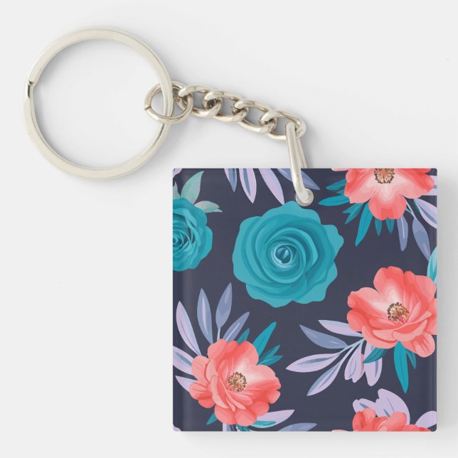 Porte-clefs Roses turquoise & Fleurs de corail avec Feuilles p (Devant)