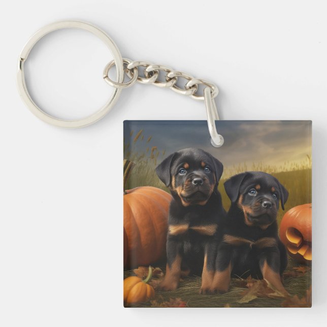 Porte-clefs Rottweiler Chiot Automne Citrouille de plaisir (Devant)
