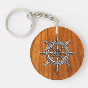 Porte-clefs Roue nautique de style Chrome sur placage de teck