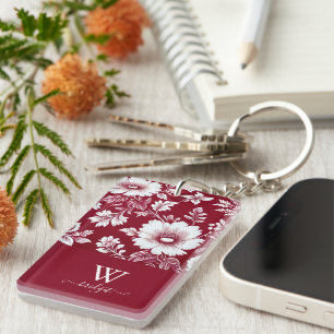 Porte-clefs rouge & blanc élégant style floral moderne