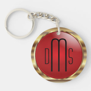Porte-clefs Rouge et Faux Or métallique avec Monogramme