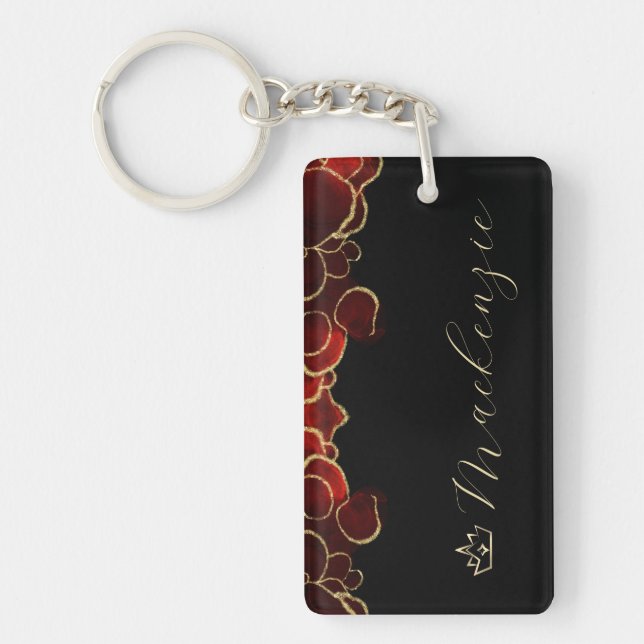 Porte-clefs Rouge et Or Élégant Script Personnalisé (Devant)