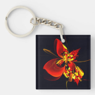 Porte-clefs Rouge Jaune Floral Moderne Résumé Modèle Art #10