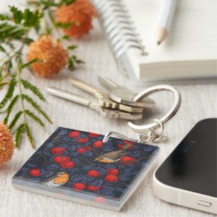 Porte-clefs Rouges-gorges dans le pommier/bleu et rouge