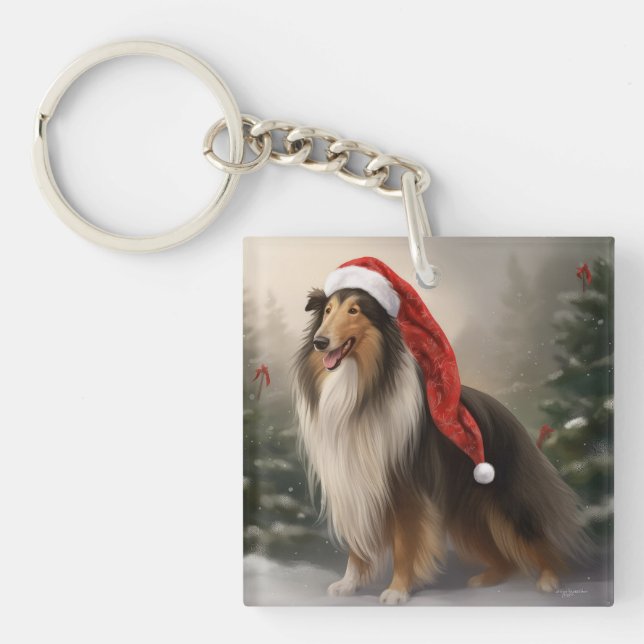 Porte-clefs Rough Collie Chien dans la neige Noël (Devant)
