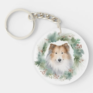 Porte-clefs Rough Collie Christmas Wreath Festive Pup
