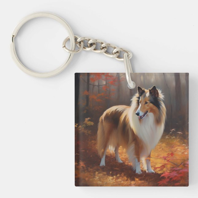 Porte-clefs Rough Collie dans les feuilles d'automne qui tombe (Devant)