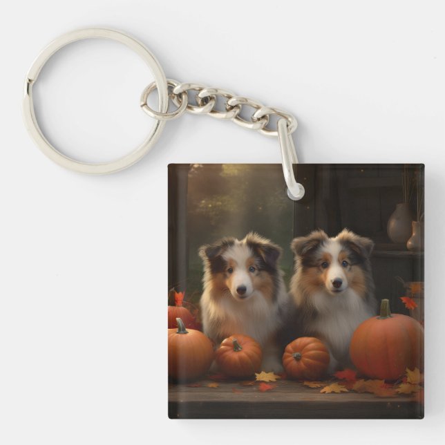 Porte-clefs Rough Collie Puppy Automne Citrouille de plaisir (Devant)