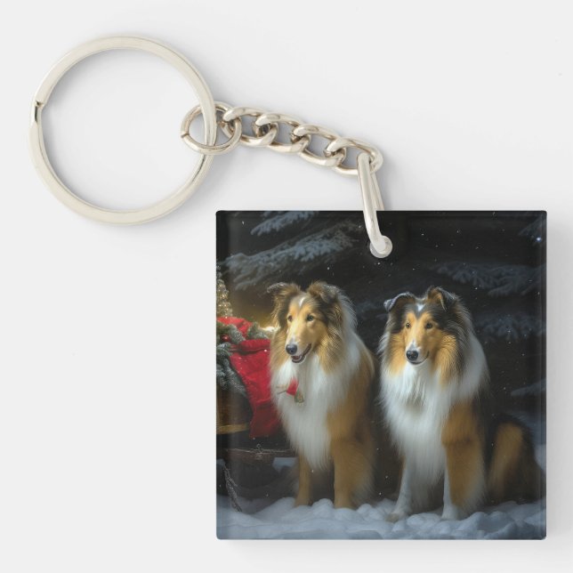 Porte-clefs Rough Collie Snowy Sleigh Décor de Noël (Devant)
